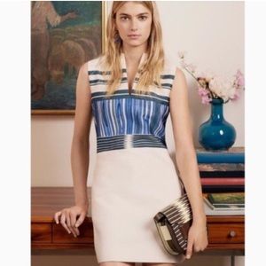 Tory Burch Mikado Mixed Pattern Mini Dress Cotton Silk Yarn Dyed Blue White Sz 2